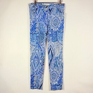 Gretchen Scott Blue White Pants Women Medium Mosaic Bold‎ Fun Resort Core